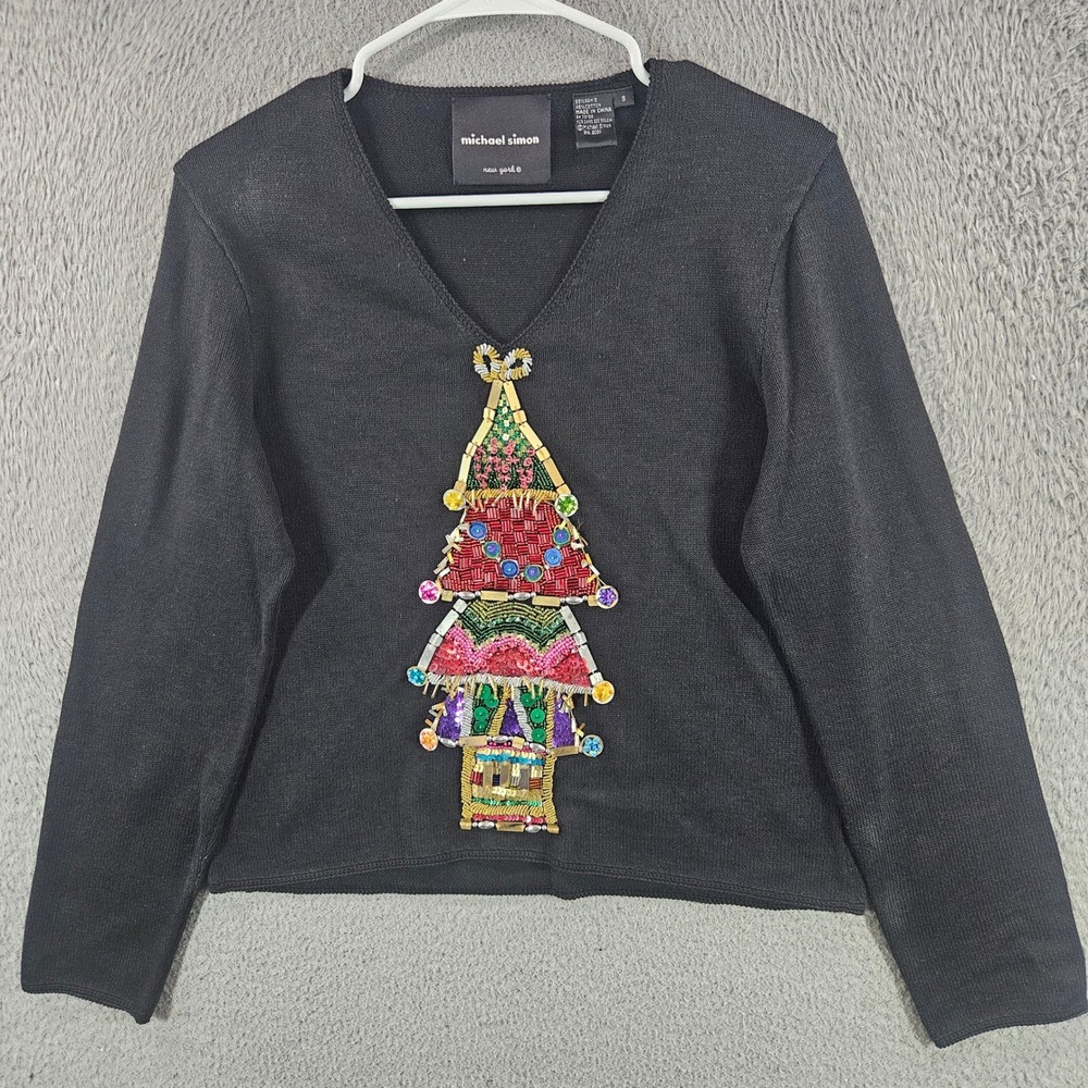 Michael Simon Vintage Christmas Tree Beaded Sweater Black V-Neck Womens Small